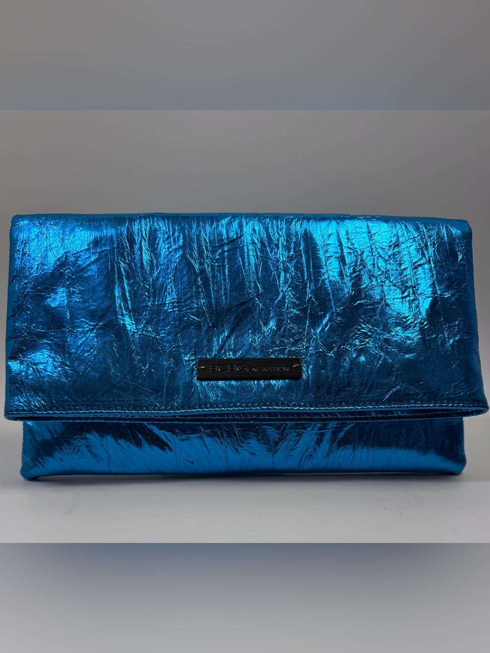 BCBGeneration Blue Metallic Fold-Over Clutch